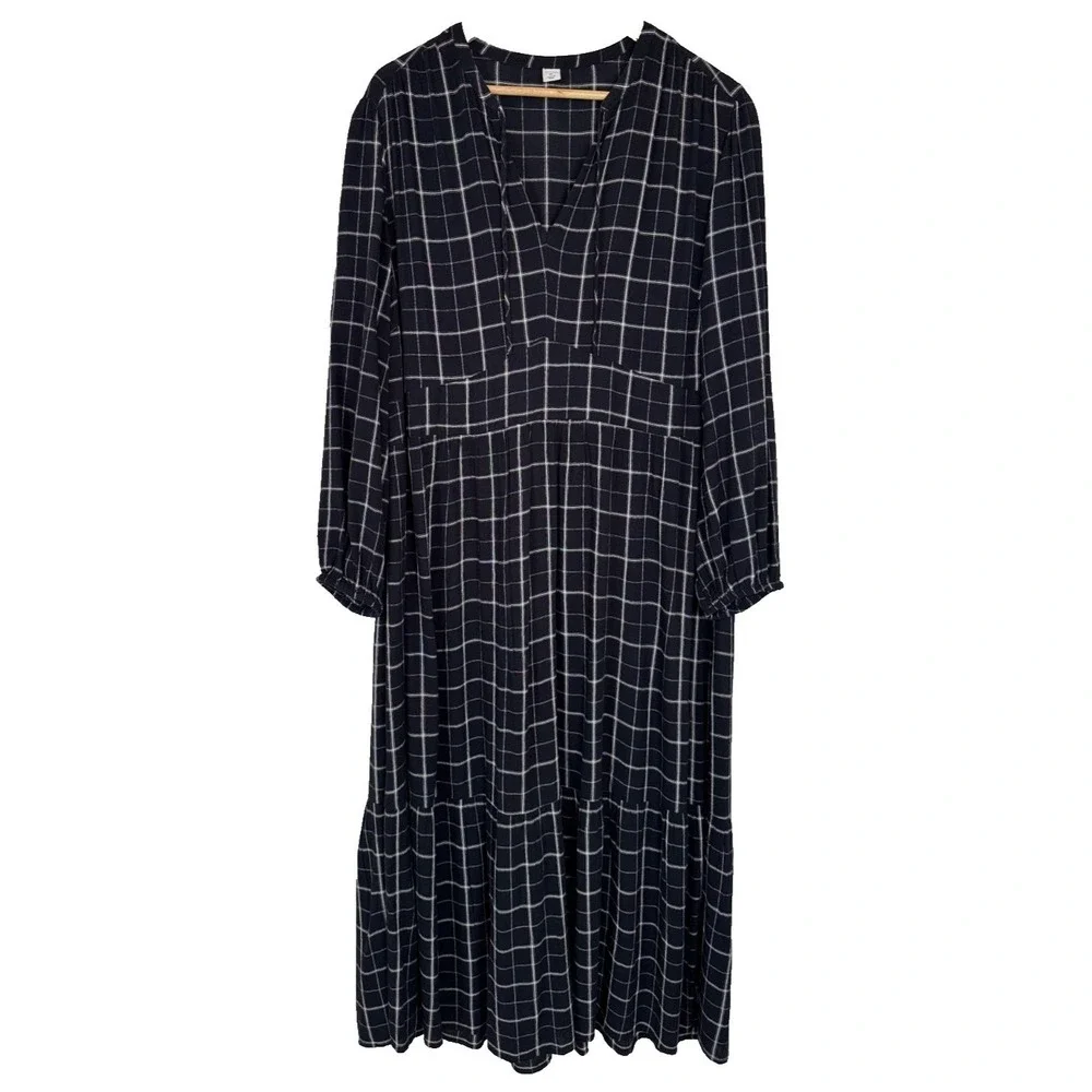 Old Navy Black Windowpane Plaid Midi Dress XL Tiered Empire Waist Prairie